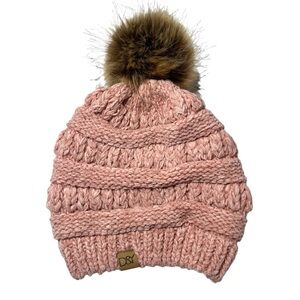 D&Y David & Young Dusty Pink Knit Beanie Faux Fur Brown Pom Pom OS